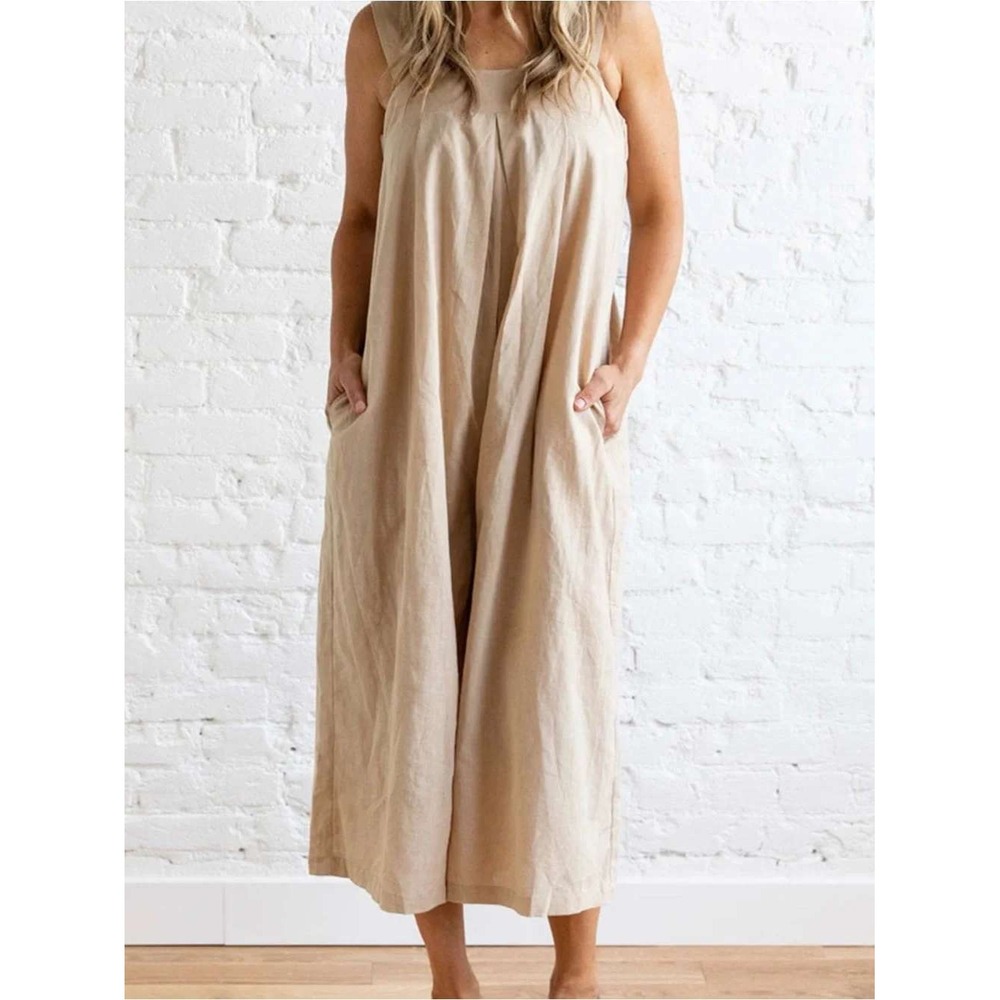 Grade & Gather Jumpsuit Women M Tan Linen Blend Wide Leg Sleeveless